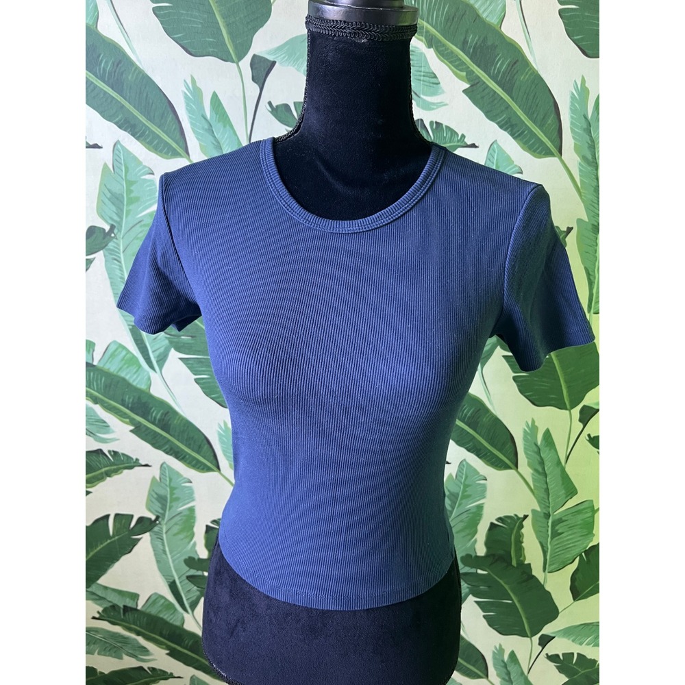Active USA Ribbed Short Sleeve T-Shirt Women Medium Blue